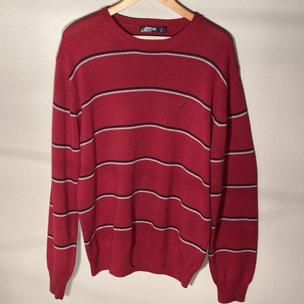 Nautica Mens L Large Red Navy Blue Striped Crew Neck Knit Sweater Heavyweight